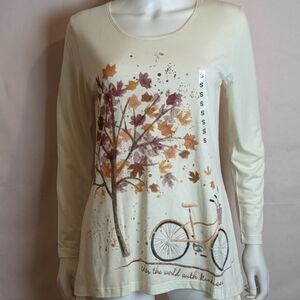 Cream Fall Leaves and Bicycle Long Sleeve Graphic Tee